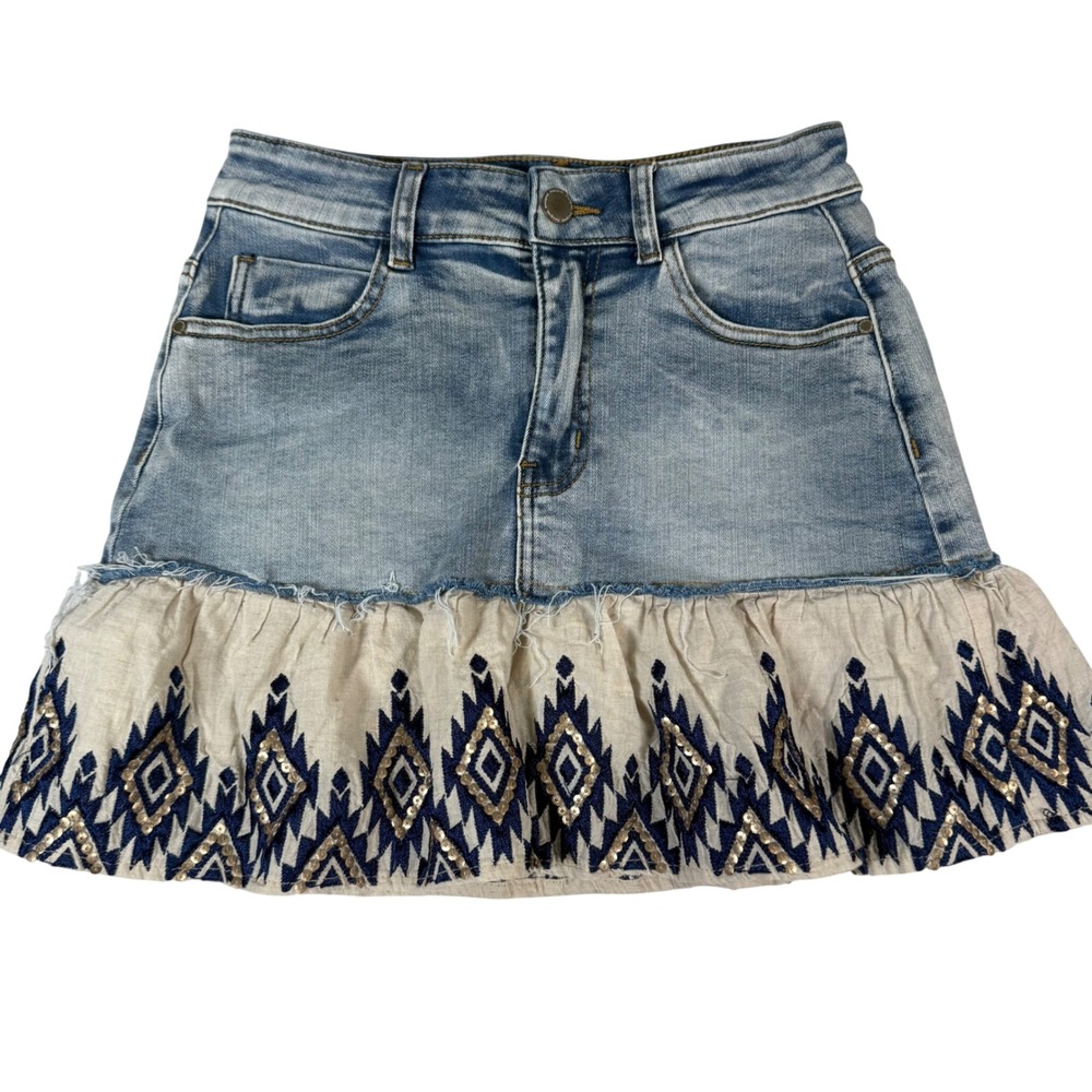 Desigual Denim Mini Skirt Womens 6 Blue Cotton Boho Embroidered Ruffle Festival